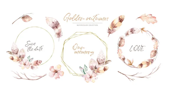 Hand drawing isolated watercolor floral illustration with protea rose, leaves, branches and flowers. Bohemian gold crystal frame, bouquets and wedding wreath