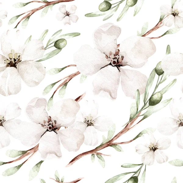 Seamless Pattern Pink Flowers Cherry Blossom Leaves Gray Background Watercolor — 스톡 사진