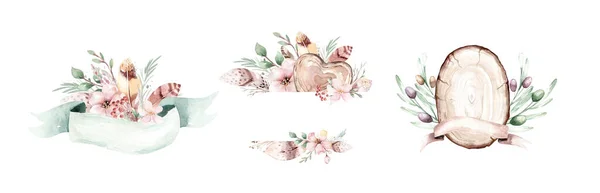 Akvarell Boho Blommig Krans Bohemisk Naturlig Ram Blad Fjädrar Blommor — Stockfoto