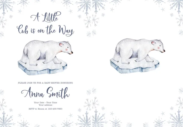 Watercolor animals baby shower invitation. Cute wild animal. Polar Bears silhouette isolated on a white background. Sketch art. Save the Arctic.