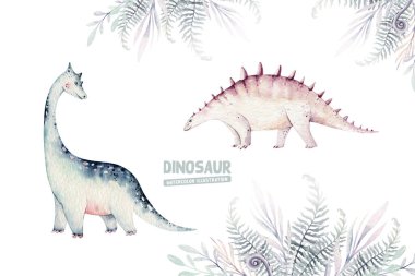 Şirin bebek dinozorlar suluboya resimlerini topluyor, beyaz arka planda izole edilmiş el boyalı dinazorlar bebek posterleri süslemek için. Rex çocuklar komiktir