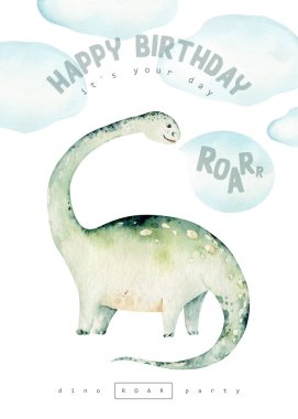 Şirin bebek dinozorlar suluboya resimlerini topluyor, beyaz arka planda izole edilmiş el boyalı dinazorlar bebek posterleri süslemek için. Rex çocuklar komiktir