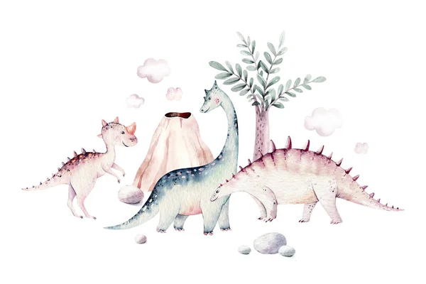 Cute cartoon baby dinosaurs collection watercolor illustration, hand painted dino isolated on a white background for nursery poster decoration. Rex children funny
