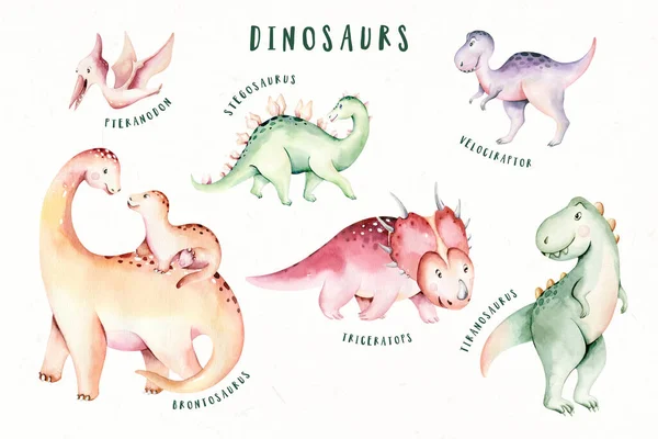 Watercolor Cute Dino Dinosaurs Set Isolated White Background Hand Drawn — Stock Photo, Image