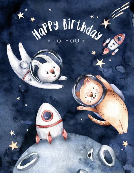 Astronaut baby boy girl elephant, fox cat and bunny, space posters, birthday invitations cosmonaut stars, planet, moon, rocket and shuttle isolated watercolor space ship illustration.