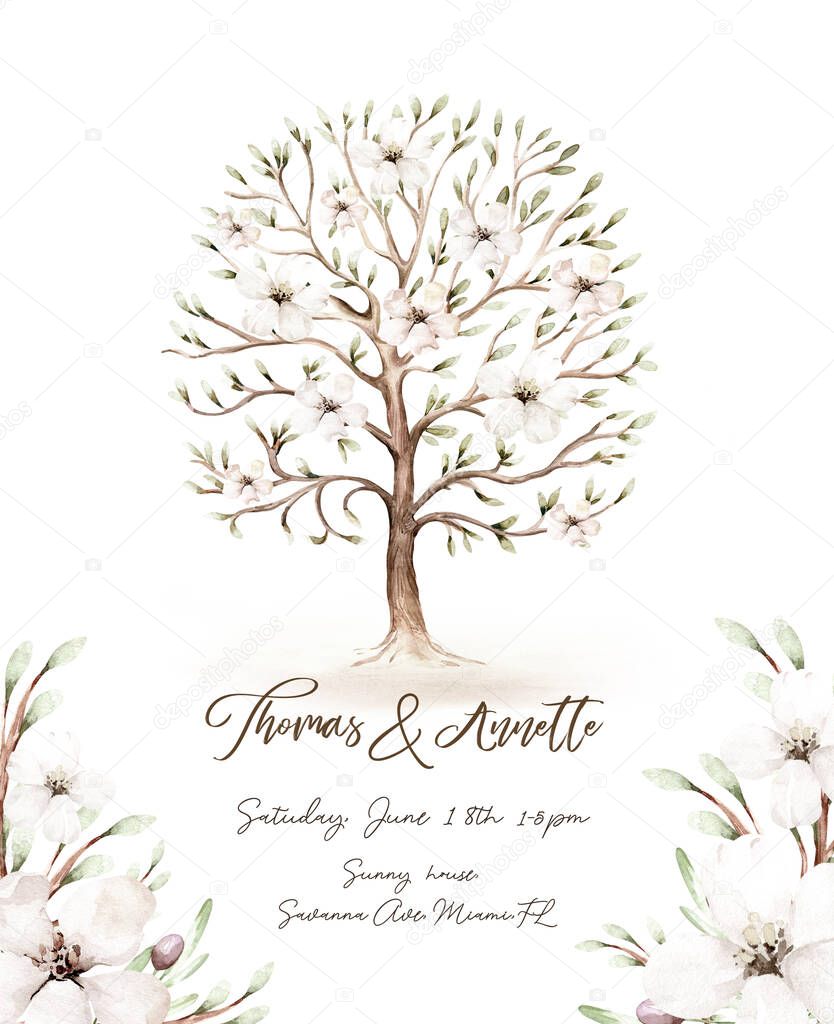 Watercolor Genealogical Family tree. Watercolor children's tree botanical season isolated illustration. olive, oak and cypress. Green forest ecology branch and leaves