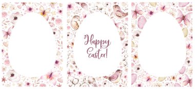 Collection small cute birds in vintage watercolor style. illustration with colorful flowers on branches tree.