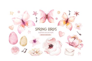 Collection small cute birds in vintage watercolor style. illustration with colorful flowers on branches tree.