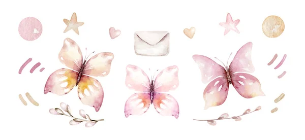 Collection Small Cute Birds Vintage Watercolor Style Illustration Colorful Flowers — 图库照片