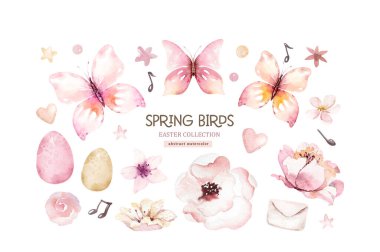 Collection small cute birds in vintage watercolor style. illustration with colorful flowers on branches tree.
