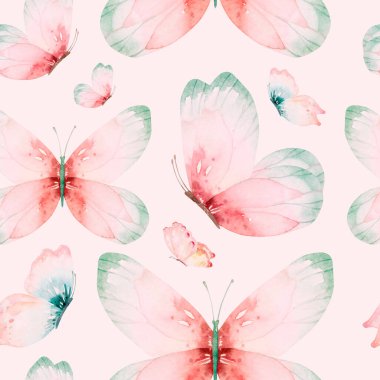 Beyaz arka planda izole edilmiş suluboya renkli kelebekler. Mavi, sarı, pembe ve kırmızı kelebek bahar çizimi