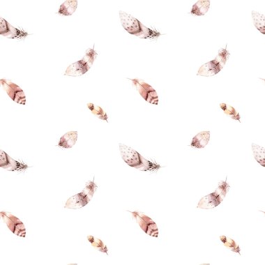 Suluboya kuşların tüyleri bohem desenli. Elle çizilmiş tüyleri olan kusursuz bir doku. Tasarımın için illüstrasyon. Parlak renkler