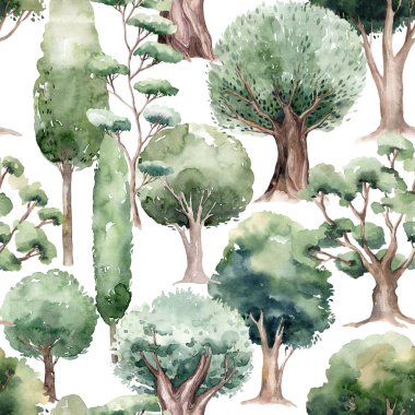 Watercolored green oak tree seamless pattern. Landscape background.