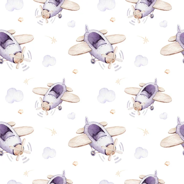 Watercolor purple illustration of a cute and fancy sky scene complete with airplanes and balloons, clouds. Baby Boy and girl pattern. baby shower, nursery design.