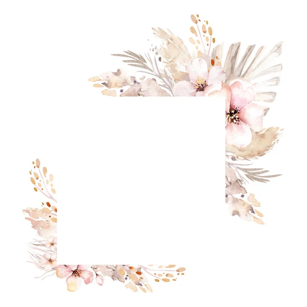 Aquarell Blumenkranz Mit Goldorchidee Kirschblüte Baumwollkopf Palmblättern Beige Und Rosa — Stockfoto