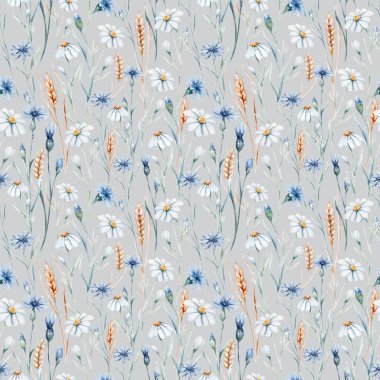 Watercolor wildflowers seamless pattern with poppy, cornflower chamomile, rye and wheat spikelets background.