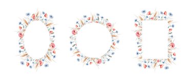 Watercolor wildflowers bouquets and frames with poppy, cornflower chamomile, rye and wheat spikelets background.