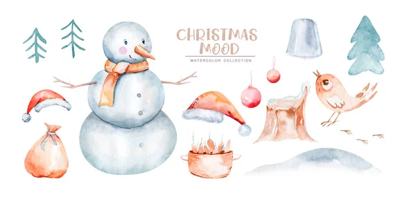 Watercolor Merry Christmas illustration with snowman, christmas tree, santa holiday invitation. Christmas gift celebration cards. Winter new year design
