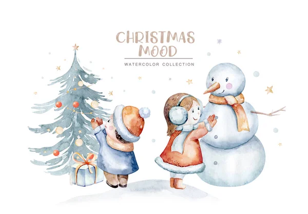 Watercolor Merry Christmas illustration with snowman, christmas tree, santa holiday invitation. Christmas gift celebration cards. Winter new year design