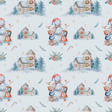 Watercolor Merry Christmas illustration with snowman, christmas tree, santa holiday invitation. Christmas gift celebration cards. Winter new year design