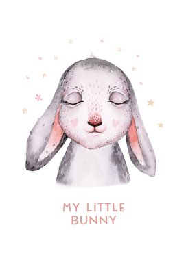 Watercolor new year baby bunny portrait illlustration oster. Merry Christmas postcard cute cartoon rabbit in floral wreath. symbol of the year 2023.