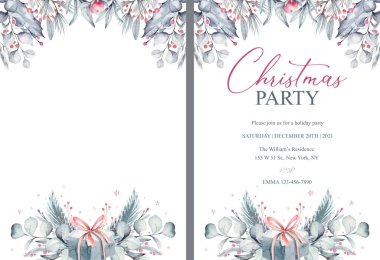 Watercolor winter background with plants, branches, berries and splashes. Christmas pre-made scene
