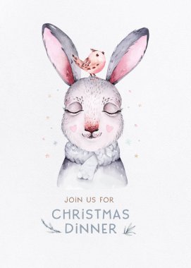 Watercolor new year baby bunny portrait illlustration oster. Merry Christmas postcard cute cartoon rabbit in floral wreath. symbol of the year 2023.