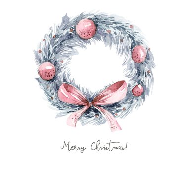 Watercolor winter wreath frame set. Branches with red holly berries. Round New year and Christmas frames with place for date, inscription, text. greeting cards, banners, invitation.