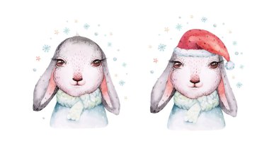 Watercolor new year baby bunny portrait illlustration oster. Merry Christmas postcard cute cartoon rabbit in floral wreath. symbol of the year 2023.