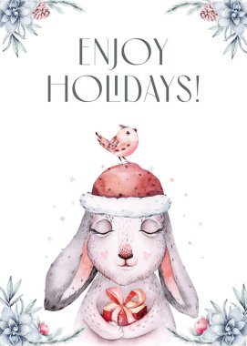 Watercolor new year baby bunny portrait illlustration oster. Merry Christmas postcard cute cartoon rabbit in floral wreath. symbol of the year 2023.
