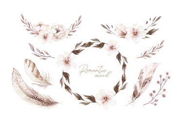 Suluboya eski çiçek buketleri seti. Boho bahar çiçekleri ve yaprak çerçeve beyaz arka planda izole: sulu, dallar, yapraklar, tüyler, böğürtlen, şakayık, gül. Elle boyanmış doğal tasarım