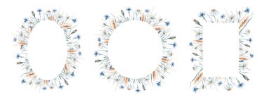 Watercolor wildflowers bouquets and frames with poppy, cornflower chamomile, rye and wheat spikelets background.