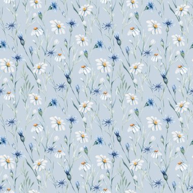 Watercolor wildflowers seamless pattern with poppy, cornflower chamomile, rye and wheat spikelets background.