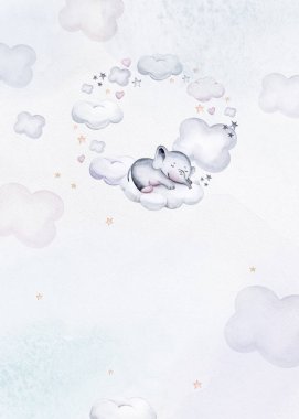 Watercolor hand drawn illustration of a cute baby elephant, sleeping on the moon and the cloud. Baby Shower Theme Invitation birthday Template.