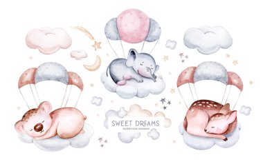 Watercolor elephant animal illustration of a cute baby sheep, lamb, sleeping rabbit and bunny, koala and deer fawn on the moon and the cloud. Baby Shower fox nursery Theme Invitation.