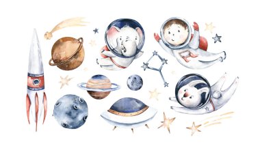 Astronot erkek bebek fil, tilki kedi ve tavşan, uzay giysisi, kozmonot yıldızlar, gezegen, ay, roket ve mekik beyaz arka planda izole edilmiş suluboya uzay gemisi çizimi, uzay çocuğu astronotu çocuk astronotu. Evrensel çizim çocuk odası.