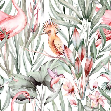 Tropical watercolor birds hummingbird, monkey and jaguar, exotic jungle plants leaves flowers, flamingo pastel color seamless fabric background.