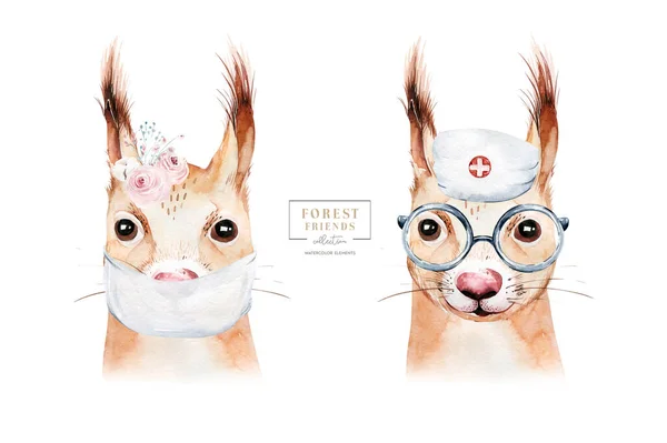 動物のかわいい医師の水彩画の子供たちは白い背景に隔離されたイラスト 医療の子供のデザイン 感染症対策 マスク医療クリニック — ストック写真
