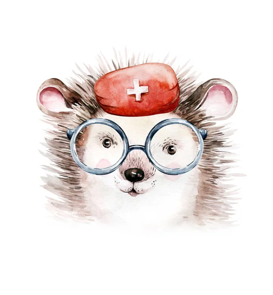 Hedgehog Animal Cute Doctor Watercolor Kids Illustration Isolated White Background — Stock Photo, Image