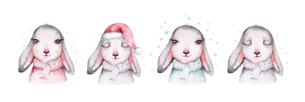 Watercolor New Year Baby Bunny Portrait Illlustration Oster Merry Christmas —  Fotos de Stock