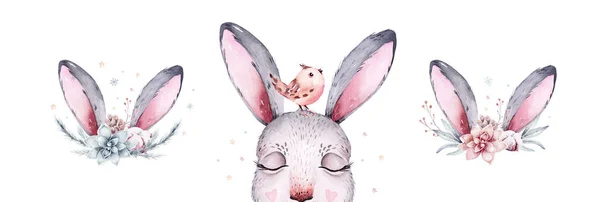 Watercolor New Year Baby Bunny Portrait Illlustration Oster Merry Christmas — Zdjęcie stockowe