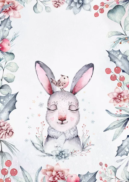 Watercolor New Year Baby Bunny Portrait Illlustration Oster Merry Christmas — Stock fotografie