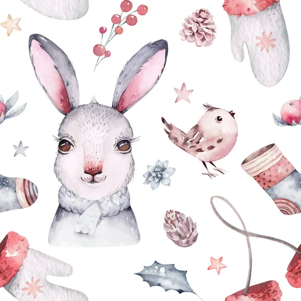 Watercolor Merry Christmas Rabbit Seamless Pattern Holiday Cute Animals Bunny — Stok fotoğraf