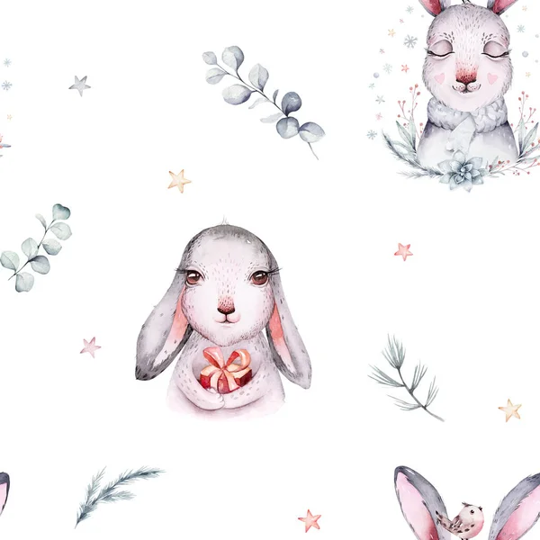 Watercolor Merry Christmas Rabbit Seamless Pattern Holiday Cute Animals Bunny — Stock Fotó