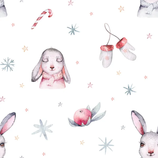 Watercolor Merry Christmas Rabbit Seamless Pattern Holiday Cute Animals Bunny — ストック写真