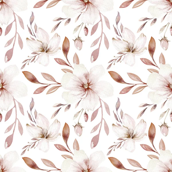 Watercolor floral vintage seamless pattern with feathers, watercolor illustration