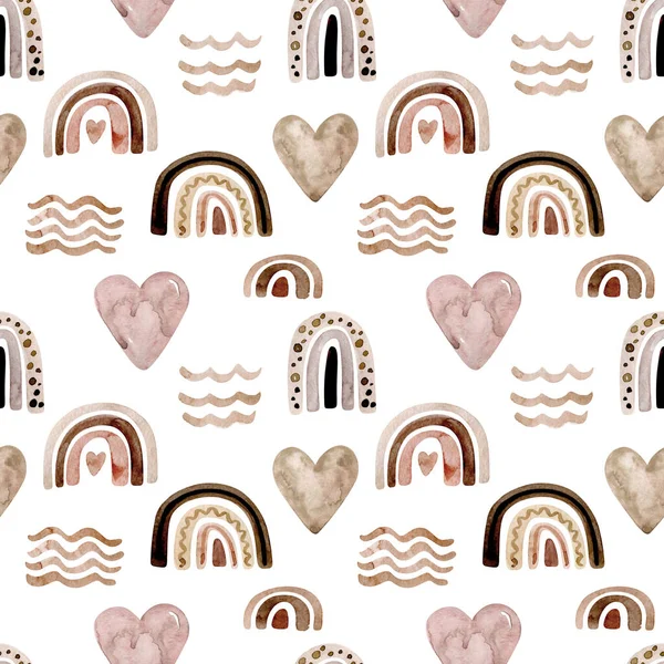Watercolor scandinavian rainbow swamless patterns in pastel brown pink colors. Baby boy and girl background paper srapbooking design illustrations. Neutral Gender Colors