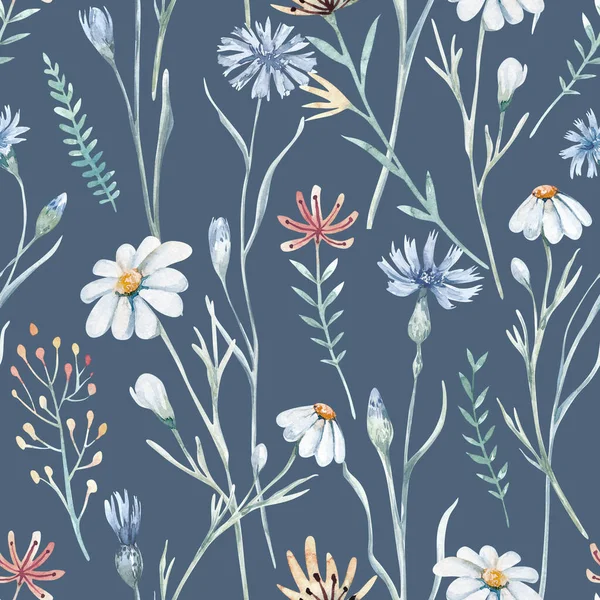 Watercolor Wildflowers Seamless Pattern Poppy Cornflower Chamomile Rye Wheat Spikelets — Photo