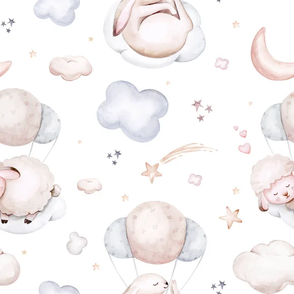 Watercolor Pattern Children Sheep Print Baby Fabric Poster Pink Beige — 스톡 사진