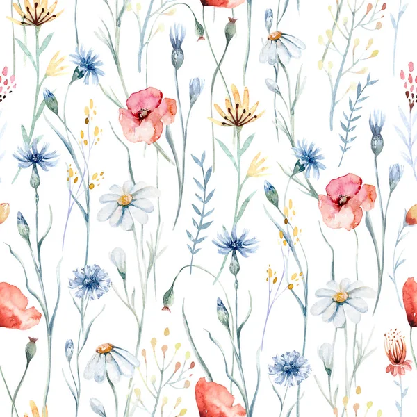 Watercolor Wildflowers Seamless Pattern Poppy Cornflower Chamomile Rye Wheat Spikelets — Zdjęcie stockowe